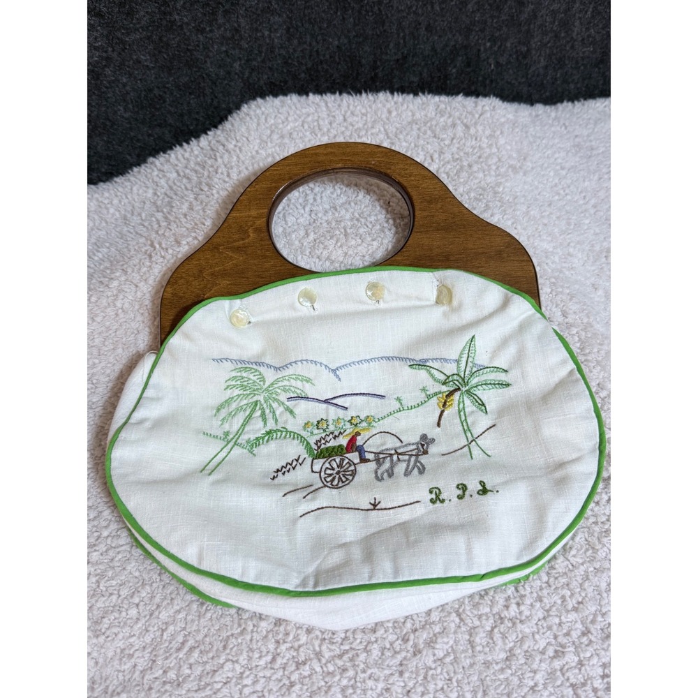 Bermuda Bag Handbag Embroidered Tropical Wood Handle Vintage Preppy Cottage